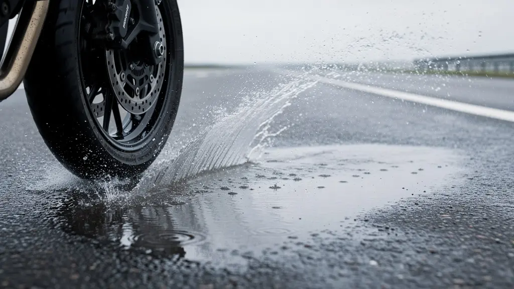 Vue latérale d'une roue de moto traversant une flaque d'eau avec projection visible