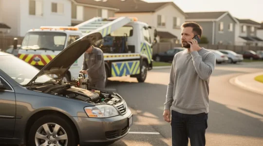 Voiture immobilisée sur un parking résidentiel avec dépanneuse à l'arrière-plan et conducteur au téléphone