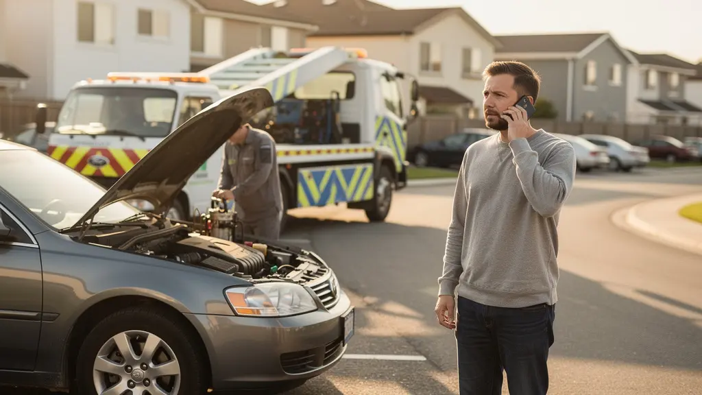 Voiture immobilisée sur un parking résidentiel avec dépanneuse à l'arrière-plan et conducteur au téléphone