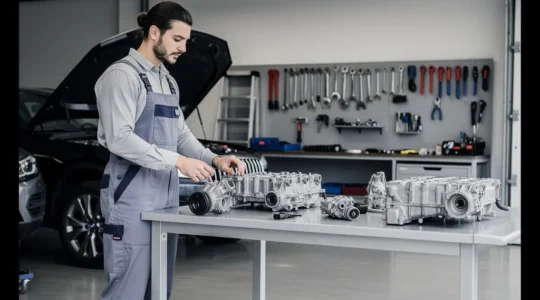 Expert automobile inspectant le moteur d'un véhicule avec des outils de diagnostic dans un atelier professionnel