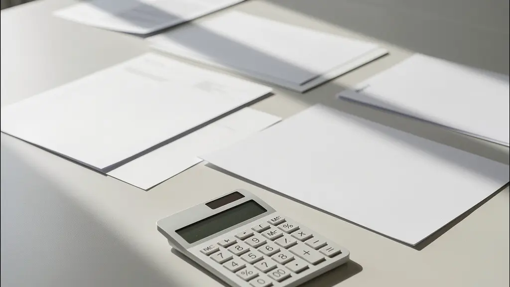Bureau minimaliste avec documents financiers et calculatrice montrant une analyse de coûts
