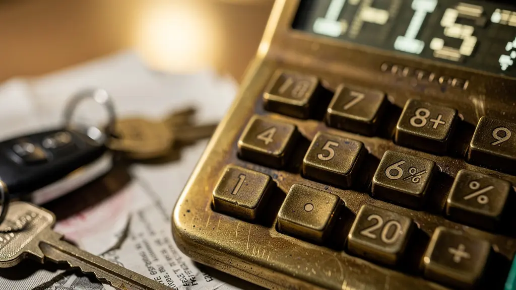 Calculatrice vintage avec documents d'assurance et clés de voiture, symbolisant l'évaluation financière du véhicule