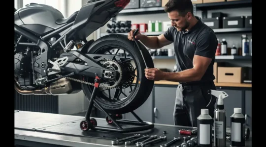 Vue d'atelier moto avec mécanicien effectuant l'entretien d'une chaîne de moto, outils spécialisés visibles
