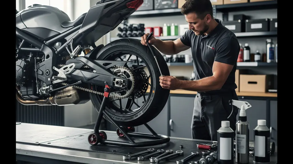 Vue d'atelier moto avec mécanicien effectuant l'entretien d'une chaîne de moto, outils spécialisés visibles