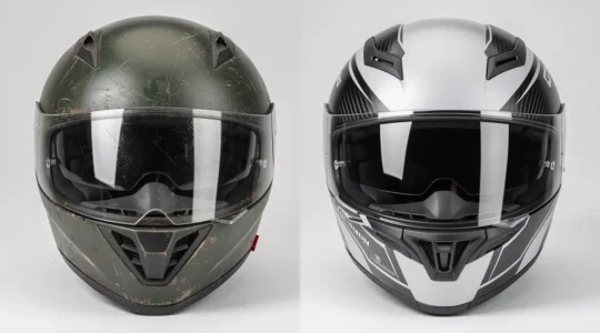 Comparaison visuelle entre un casque moderne ECE 22.06 et un ancien modèle, montrant l'évolution des normes de sécurité