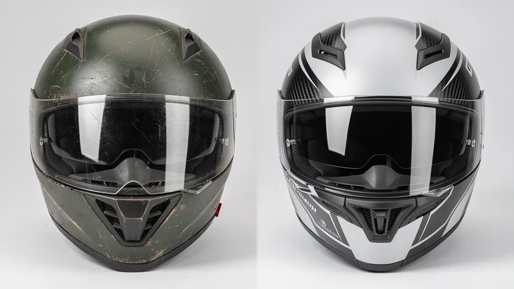 Comparaison visuelle entre un casque moderne ECE 22.06 et un ancien modèle, montrant l'évolution des normes de sécurité