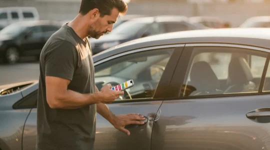 Conducteur examinant une petite bosse sur sa portière dans un parking, tenant un smartphone avec application d'estimation des coûts