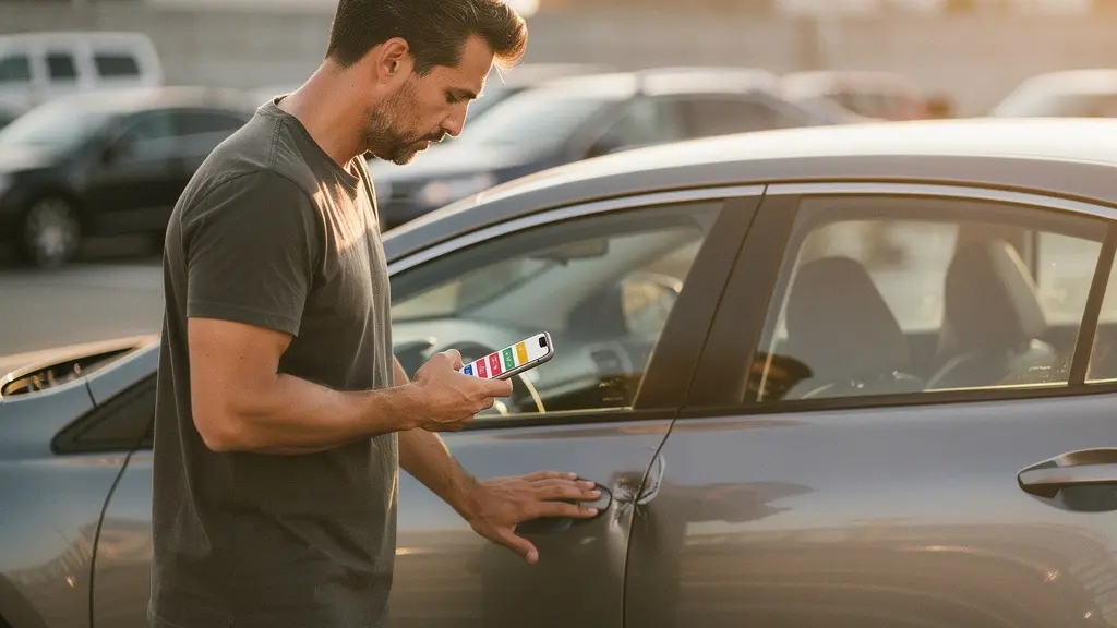Conducteur examinant une petite bosse sur sa portière dans un parking, tenant un smartphone avec application d'estimation des coûts