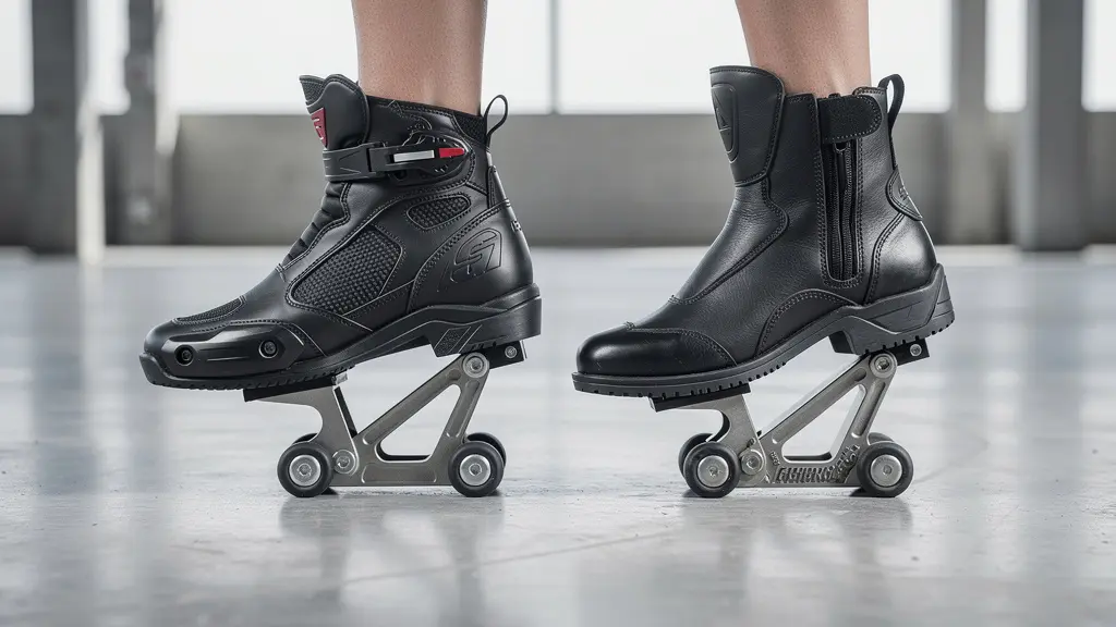 Comparaison de la position du pied et de l'angle de cheville entre bottes racing et bottes urbaines sur pédalier moto