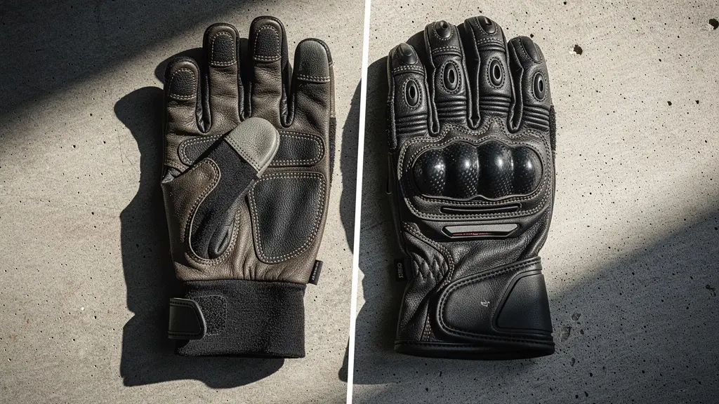 Composition symbolique montrant deux gants côte à côte sur un fond neutre : un gant de travail industriel et un gant moto en cuir avec coque de protection, illustrant leurs différences structurelles