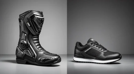 Comparaison visuelle entre une botte moto certifiée et une basket renforcée montrant la protection de la cheville