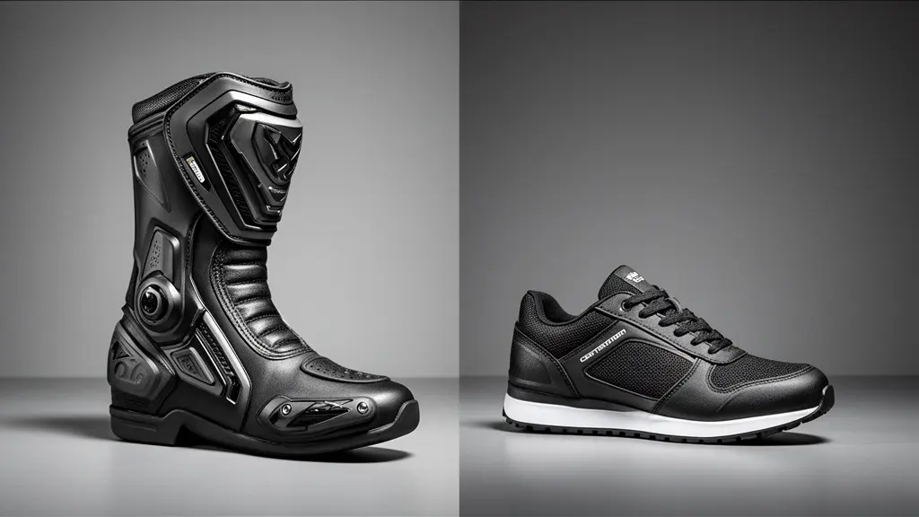 Comparaison visuelle entre une botte moto certifiée et une basket renforcée montrant la protection de la cheville