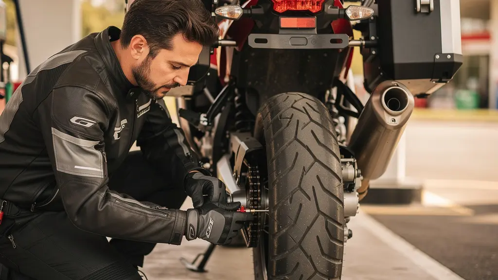 Motard vérifiant la pression du pneu arrière d'une moto chargée avec manomètre