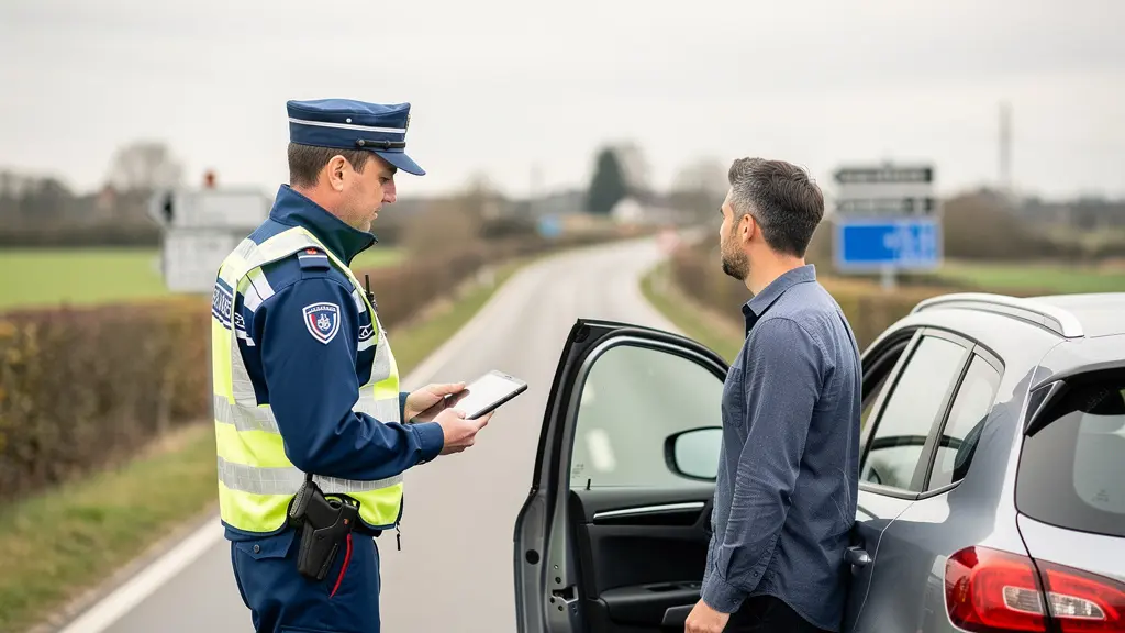 Contrôle routier avec un gendarme vérifiant les documents d'un conducteur près de son véhicule