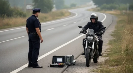 Contrôle routier d'une moto avec mesure sonore au sonomètre de l'échappement
