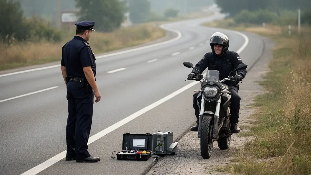 Contrôle routier d'une moto avec mesure sonore au sonomètre de l'échappement