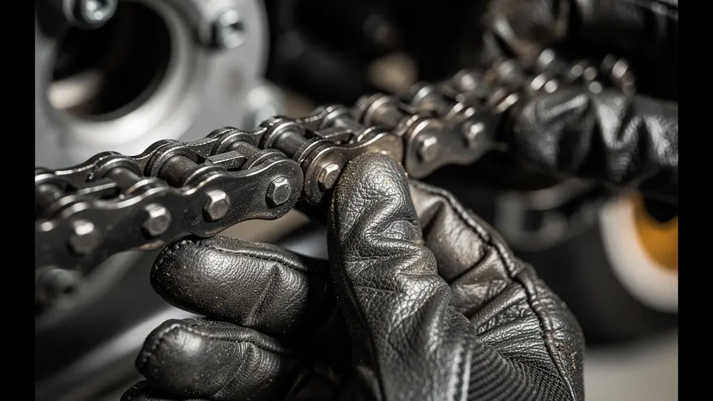 Gros plan sur les mains d'un mécanicien vérifiant la tension d'une chaîne de moto