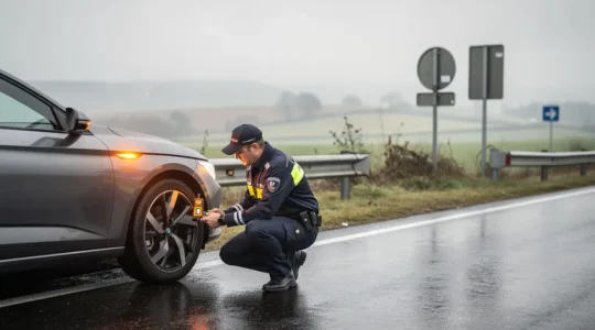 Contrôle routier d'un pneumatique usé sur une voiture immobilisée en France