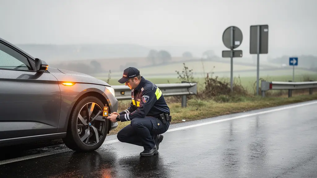 Contrôle routier d'un pneumatique usé sur une voiture immobilisée en France