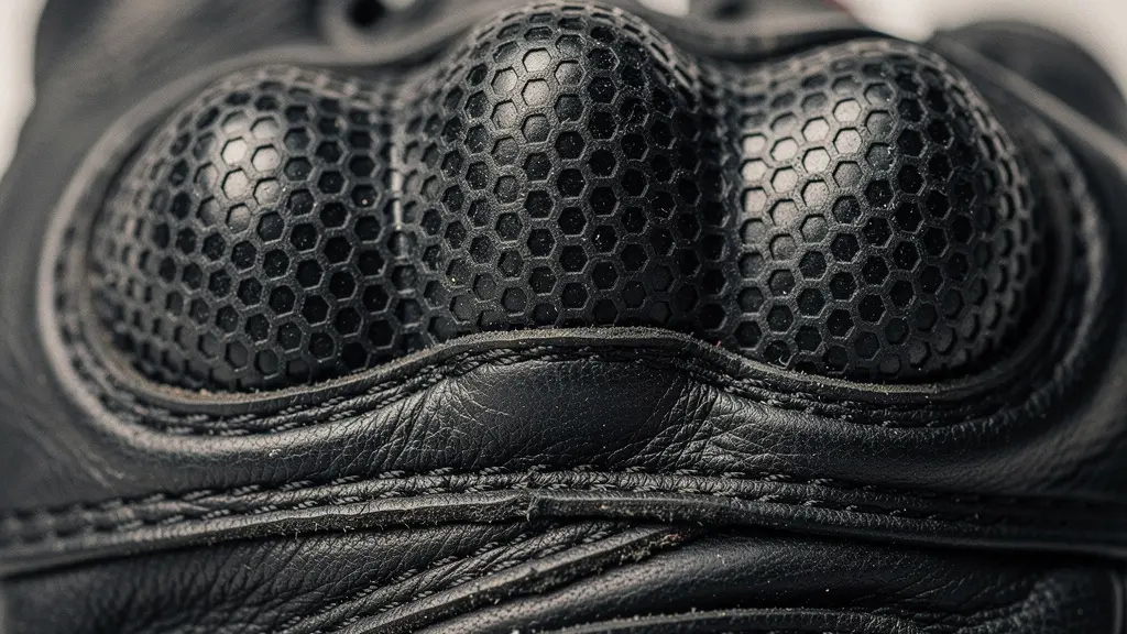 Vue macro détaillée de la coque de protection métacarpienne d'un gant moto, montrant la texture du matériau D3O et les coutures renforcées