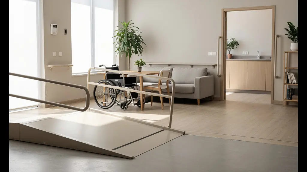 Perspective d'un intérieur adapté au handicap avec équipements spécialisés