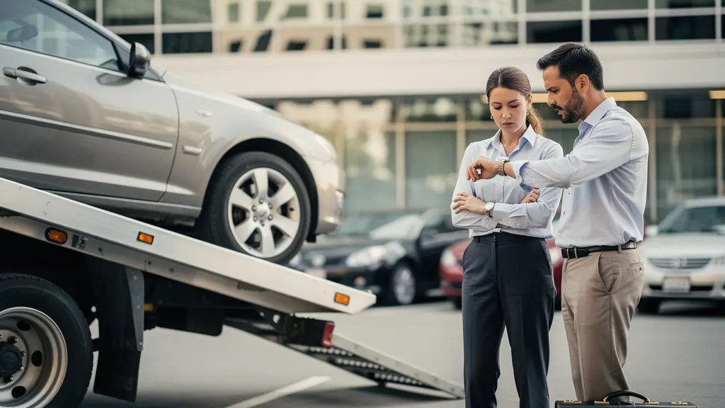 Dépanneuse chargeant une berline sur un parking d'entreprise, sous le regard inquiet d'employés.