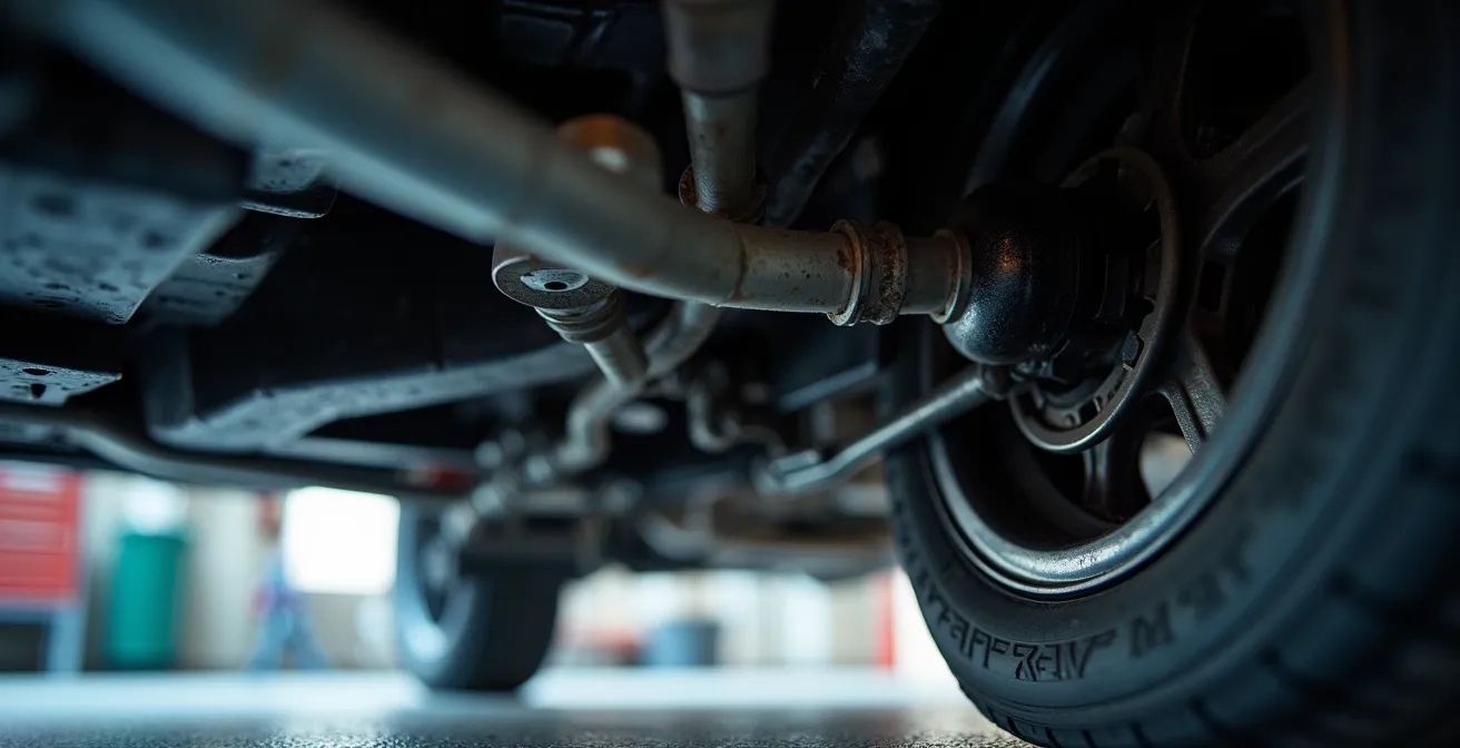 Inspection détaillée en gros plan des dommages mécaniques cachés sous une voiture après un accident.