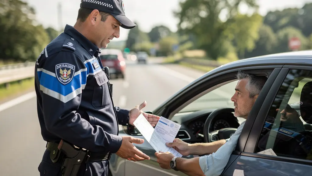 Échange respectueux entre un conducteur et les forces de l'ordre lors d'un contrôle de l'état des pneus.