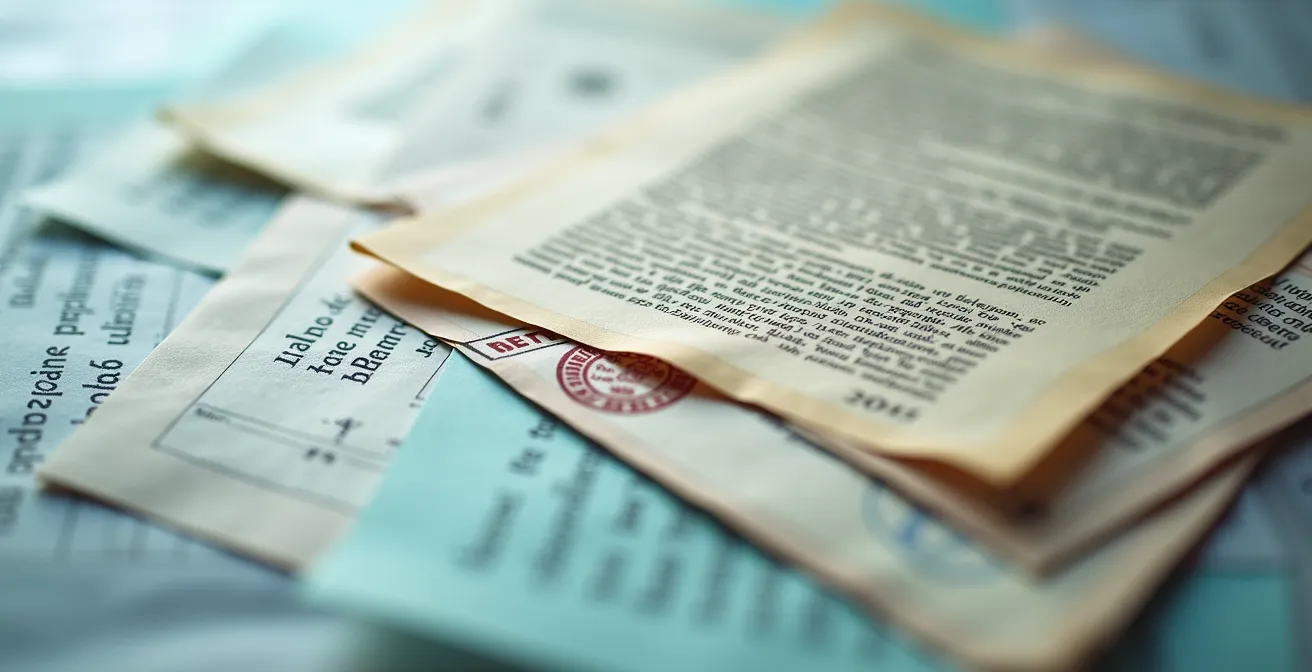 Vue macro de documents médicaux flous avec tampons officiels non lisibles