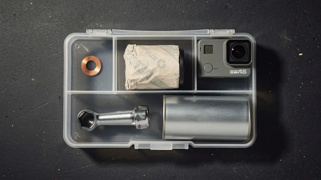 Boîte compartimentée contenant des objets liés à une vidange, présentée comme un kit de preuves méticuleux.