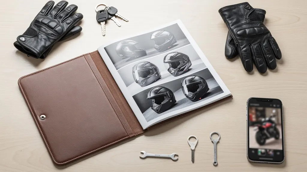 Bureau organisé avec dossier ouvert montrant photos d'équipements moto et documents