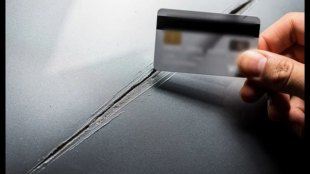 Main tenant une carte de crédit près d'une rayure sur carrosserie pour estimer la taille des dégâts