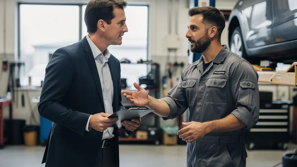 Expert et garagiste en discussion technique dans un atelier automobile