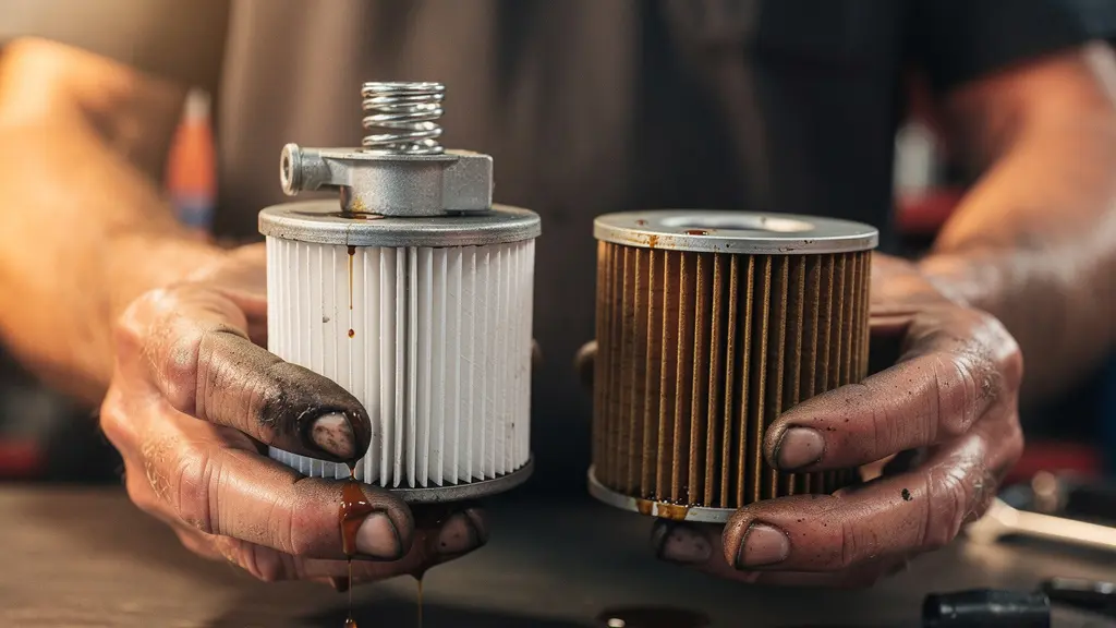 Filtre à huile moto ouvert montrant la membrane de filtration et les composants internes, illustrant la différence de qualité de fabrication