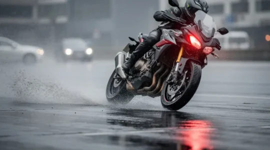 Motard freinant en urgence sur route mouillée avec transfert de charge visible