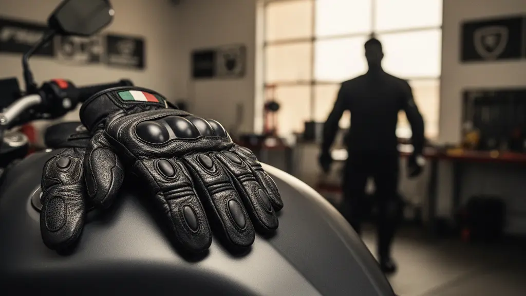 Gros plan sur une paire de gants moto en cuir posés sur un réservoir de moto, montrant les coques de protection aux jointures éclairées par une lumière naturelle douce