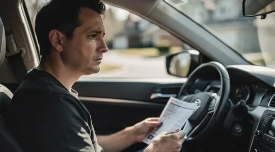 Conducteur prudent vérifiant ses documents d'assurance dans sa voiture, symbole de protection et de responsabilité