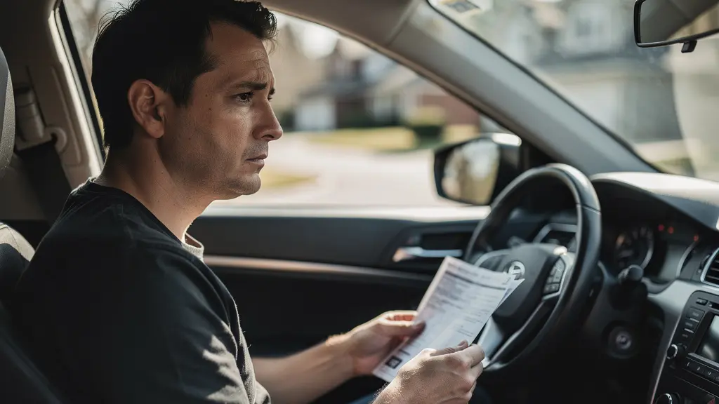 Conducteur prudent vérifiant ses documents d'assurance dans sa voiture, symbole de protection et de responsabilité