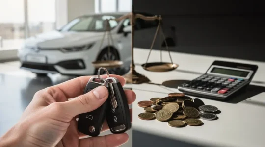 Main tenant des clés de voiture avec une balance symbolique entre protection et économies, illustrant le choix entre assurance tous risques et au tiers