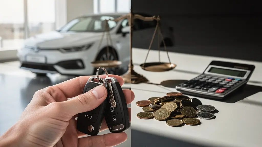 Main tenant des clés de voiture avec une balance symbolique entre protection et économies, illustrant le choix entre assurance tous risques et au tiers