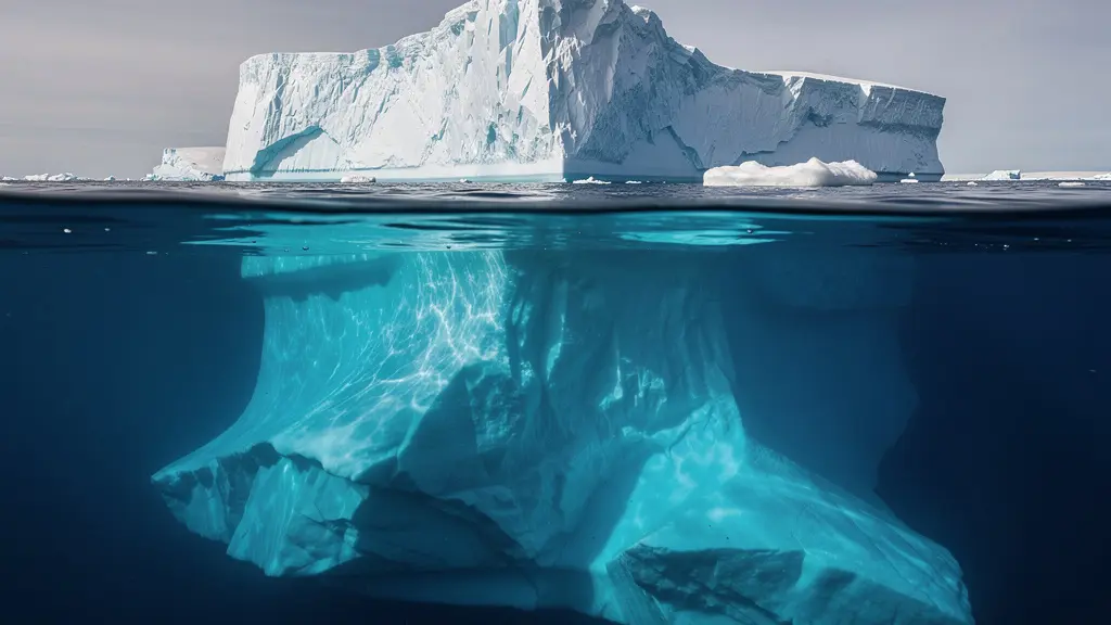 Iceberg flottant dans l'océan montrant une petite partie émergée symbolisant les dégâts matériels et une masse énorme sous l'eau représentant les coûts corporels invisibles.