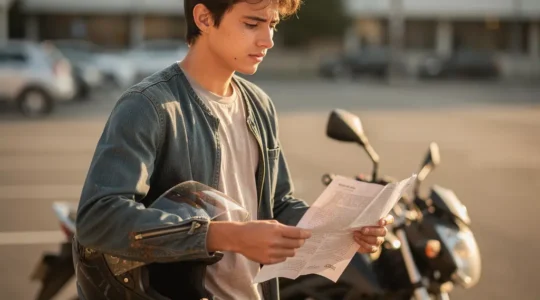 Jeune conducteur moto avec casque examinant des documents d'assurance
