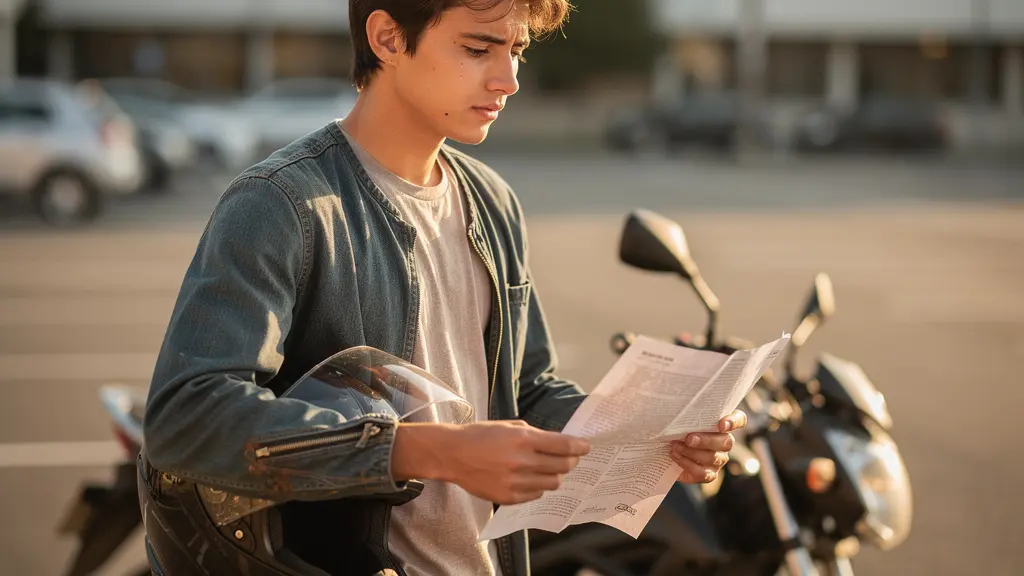 Jeune conducteur moto avec casque examinant des documents d'assurance