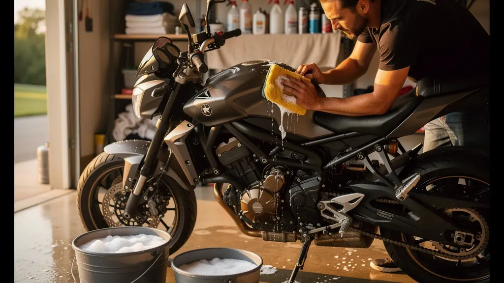 Méthode de lavage moto professionnelle avec deux seaux dans un garage bien éclairé