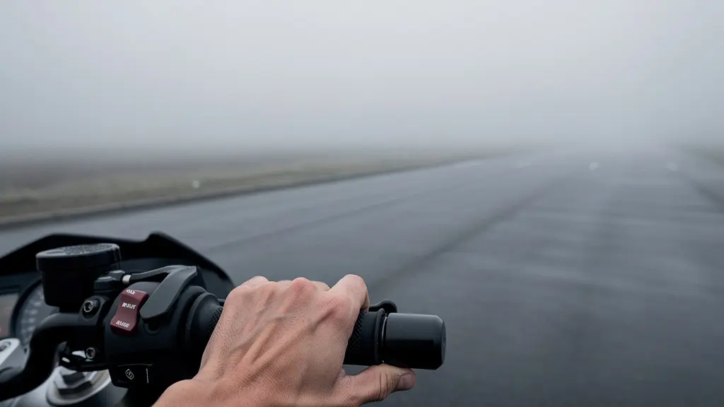Main d'un motard au repos posée sur le guidon d'une moto dans un environnement épuré, illustrant la fragilité de la préhension et l'importance de la protection