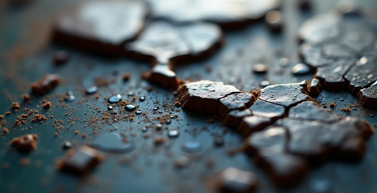 Vue macro professionnelle montrant la capture photographique d'un dommage avec technique des trois distances