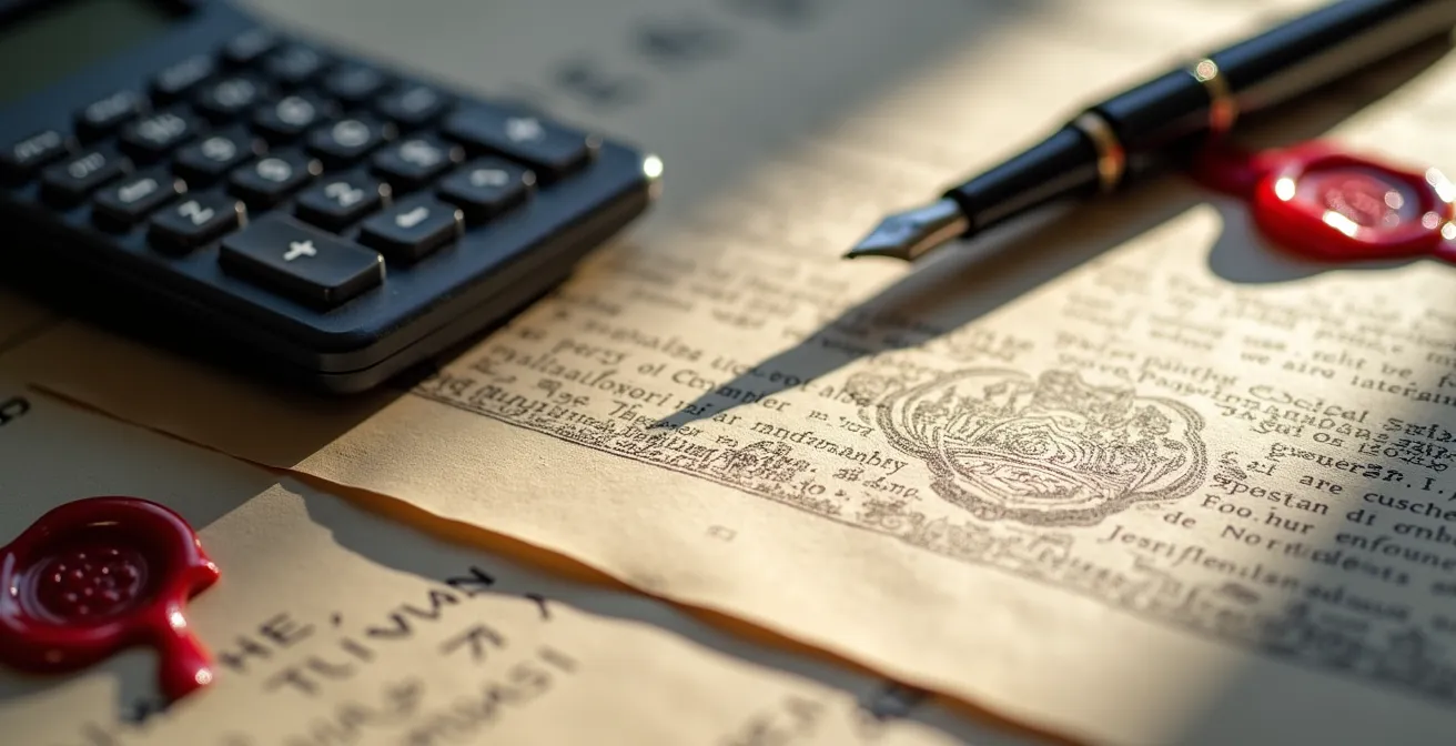 Composition symbolique de documents officiels et calculatrice suggérant une procédure de réclamation