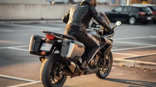 Motard maîtrisant une grosse moto de plus de 200 kg en manœuvre à l'arrêt