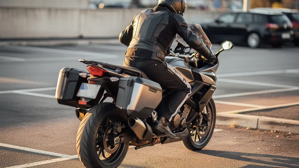 Motard maîtrisant une grosse moto de plus de 200 kg en manœuvre à l'arrêt