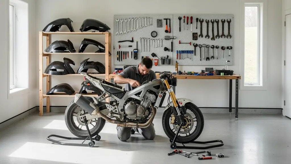 Motard réparant lui-même sa moto dans un garage personnel avec outils et pièces détachées